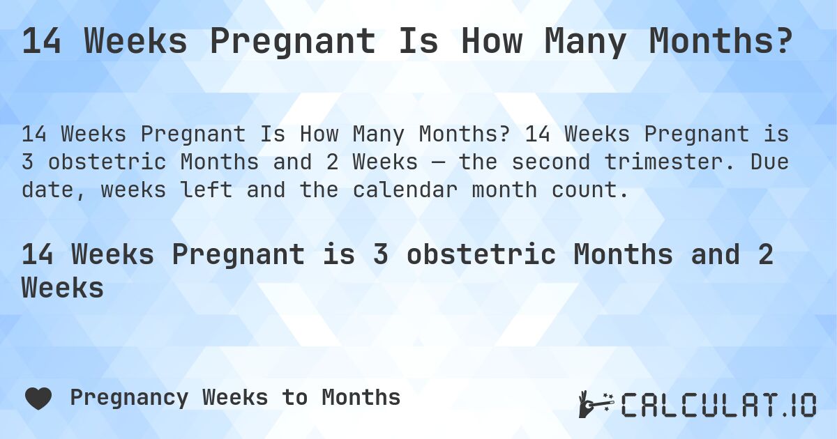 14 Weeks Pregnant Is How Many Months?. 14 Weeks Pregnant is 3 obstetric Months and 2 Weeks — the second trimester. Due date, weeks left and the calendar month count.