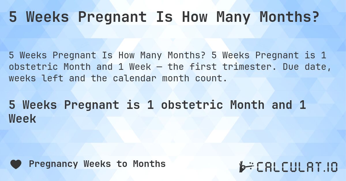 5 Weeks Pregnant Is How Many Months?. 5 Weeks Pregnant is 1 obstetric Month and 1 Week — the first trimester. Due date, weeks left and the calendar month count.