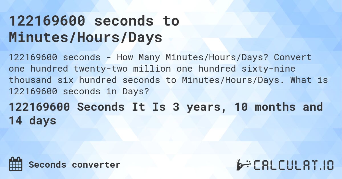 122169600 seconds to Minutes/Hours/Days. Convert one hundred twenty-two million one hundred sixty-nine thousand six hundred seconds to Minutes/Hours/Days. What is 122169600 seconds in Days?