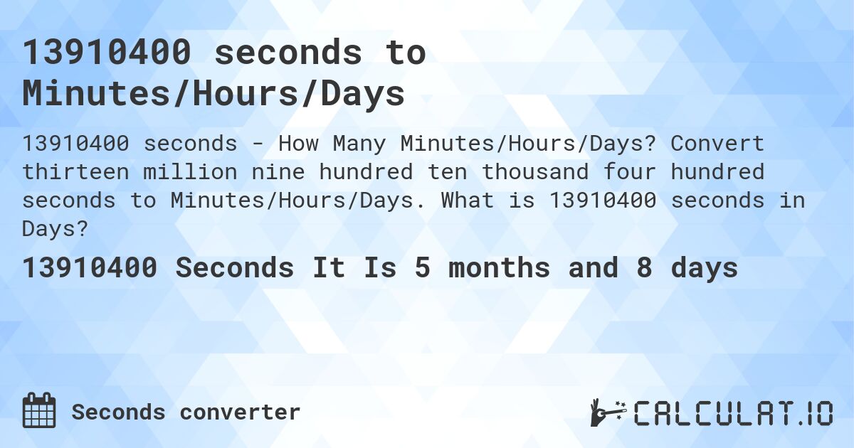 13910400 seconds to Minutes/Hours/Days. Convert thirteen million nine hundred ten thousand four hundred seconds to Minutes/Hours/Days. What is 13910400 seconds in Days?