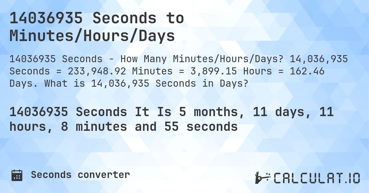 14036935 Seconds to Minutes/Hours/Days. 14,036,935 Seconds = 233,948.92 Minutes = 3,899.15 Hours = 162.46 Days. What is 14,036,935 Seconds in Days?