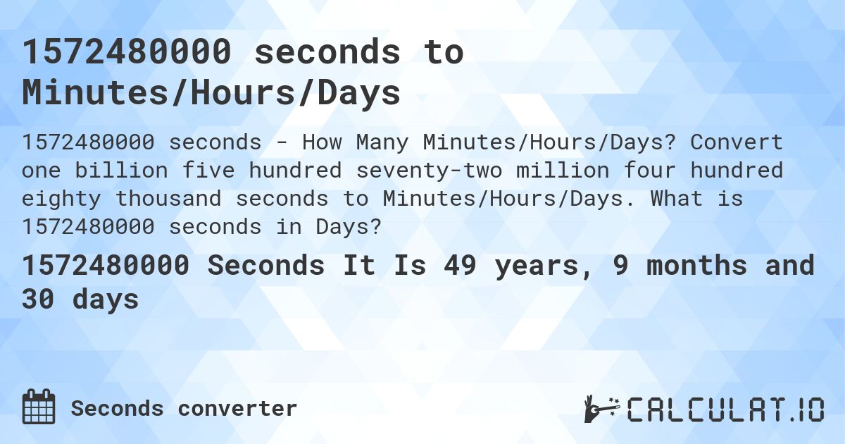 1572480000 seconds to Minutes/Hours/Days. Convert one billion five hundred seventy-two million four hundred eighty thousand seconds to Minutes/Hours/Days. What is 1572480000 seconds in Days?