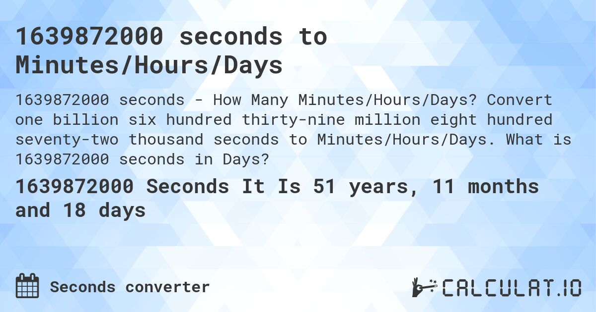 1639872000 seconds to Minutes/Hours/Days. Convert one billion six hundred thirty-nine million eight hundred seventy-two thousand seconds to Minutes/Hours/Days. What is 1639872000 seconds in Days?