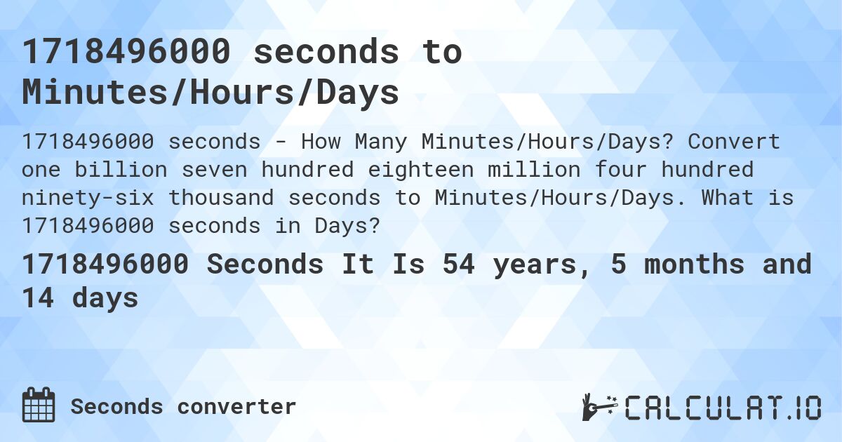 1718496000 seconds to Minutes/Hours/Days. Convert one billion seven hundred eighteen million four hundred ninety-six thousand seconds to Minutes/Hours/Days. What is 1718496000 seconds in Days?