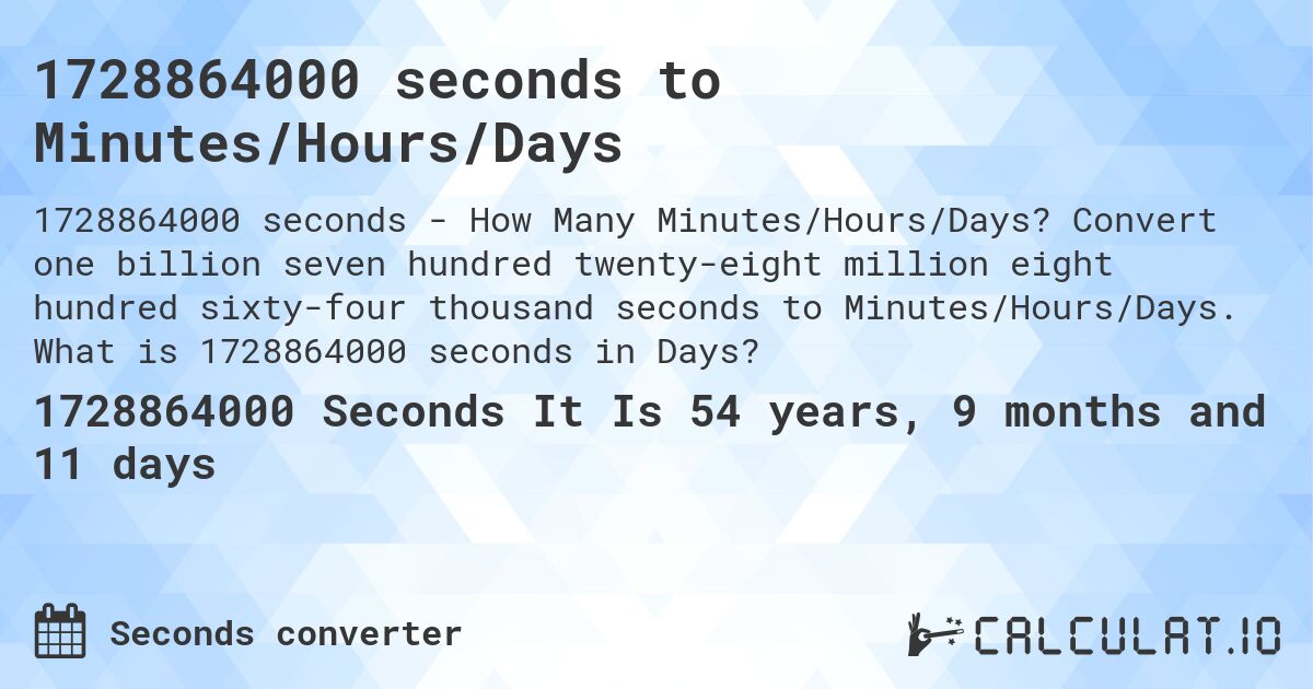1728864000 seconds to Minutes/Hours/Days. Convert one billion seven hundred twenty-eight million eight hundred sixty-four thousand seconds to Minutes/Hours/Days. What is 1728864000 seconds in Days?