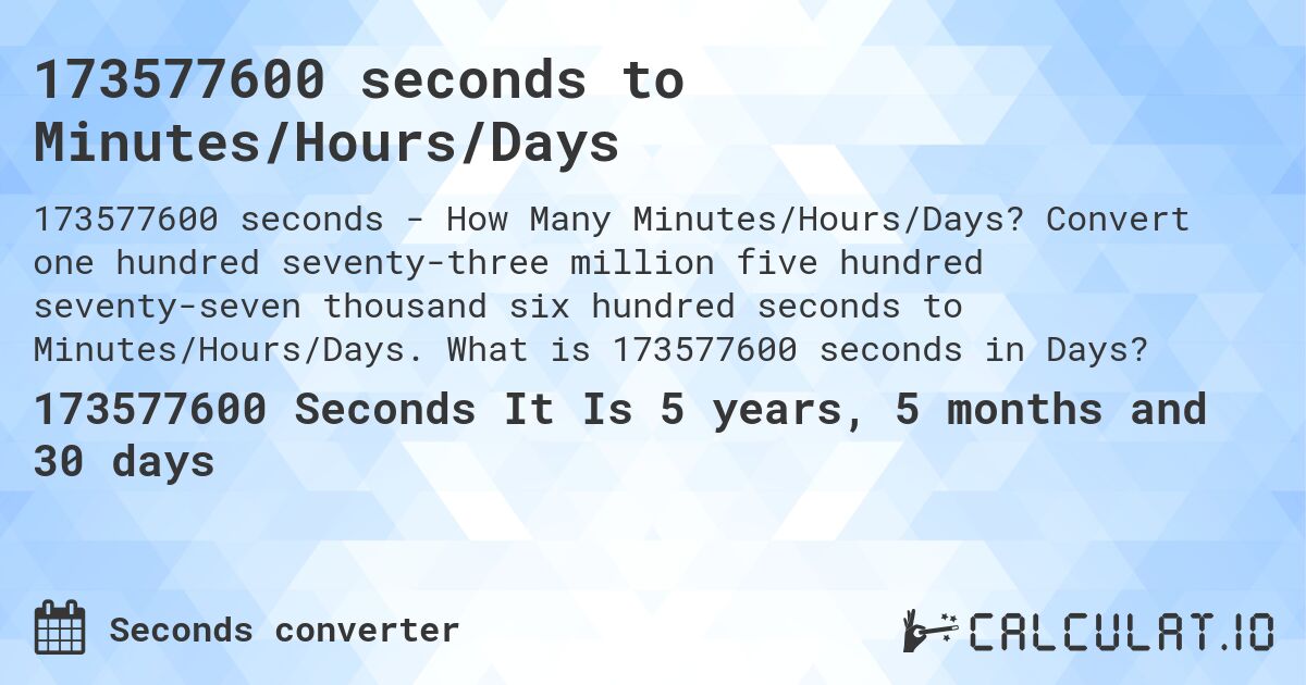173577600 seconds to Minutes/Hours/Days. Convert one hundred seventy-three million five hundred seventy-seven thousand six hundred seconds to Minutes/Hours/Days. What is 173577600 seconds in Days?