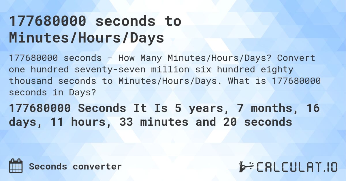 177680000 seconds to Minutes/Hours/Days. Convert one hundred seventy-seven million six hundred eighty thousand seconds to Minutes/Hours/Days. What is 177680000 seconds in Days?