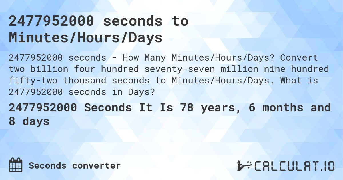 2477952000 seconds to Minutes/Hours/Days. Convert two billion four hundred seventy-seven million nine hundred fifty-two thousand seconds to Minutes/Hours/Days. What is 2477952000 seconds in Days?