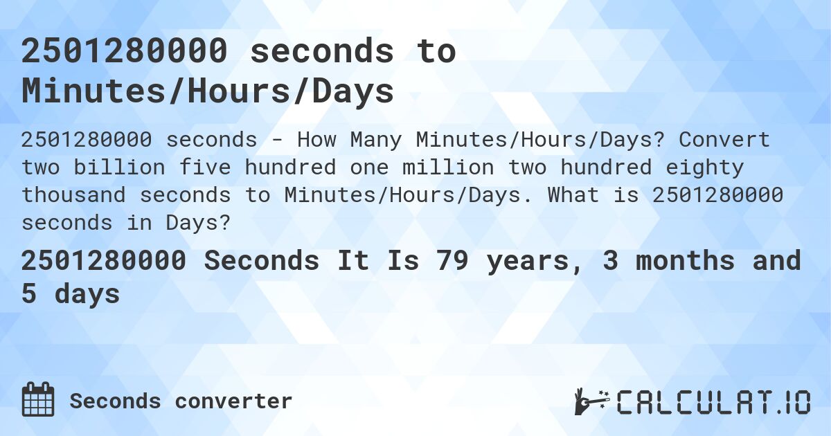 2501280000 seconds to Minutes/Hours/Days. Convert two billion five hundred one million two hundred eighty thousand seconds to Minutes/Hours/Days. What is 2501280000 seconds in Days?
