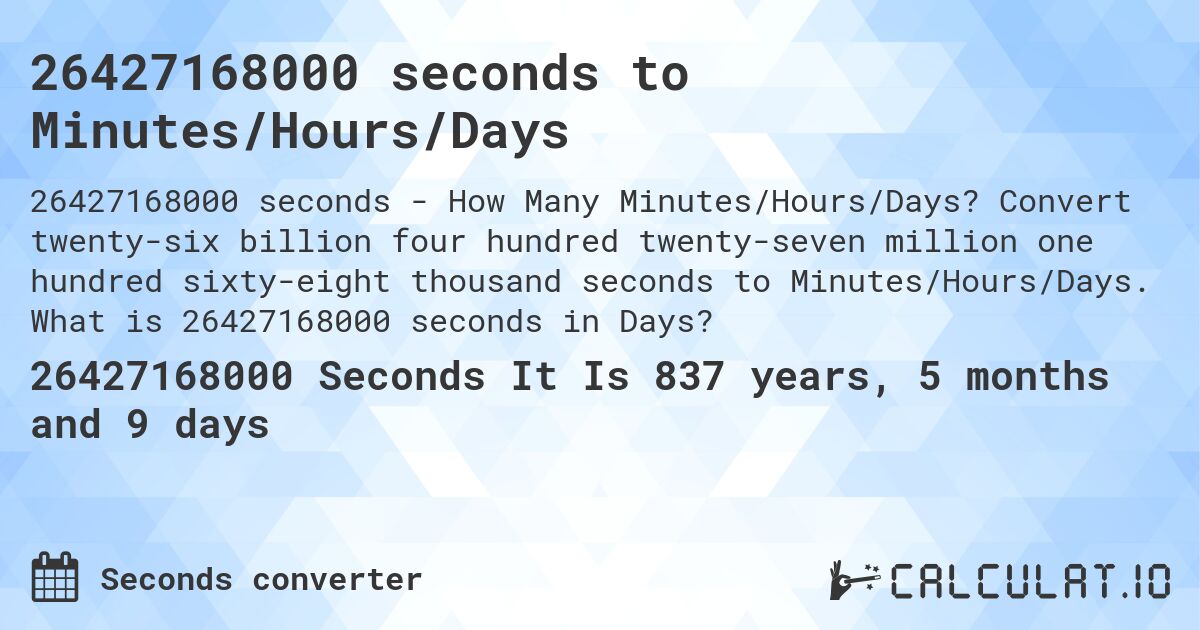 26427168000 seconds to Minutes/Hours/Days. Convert twenty-six billion four hundred twenty-seven million one hundred sixty-eight thousand seconds to Minutes/Hours/Days. What is 26427168000 seconds in Days?