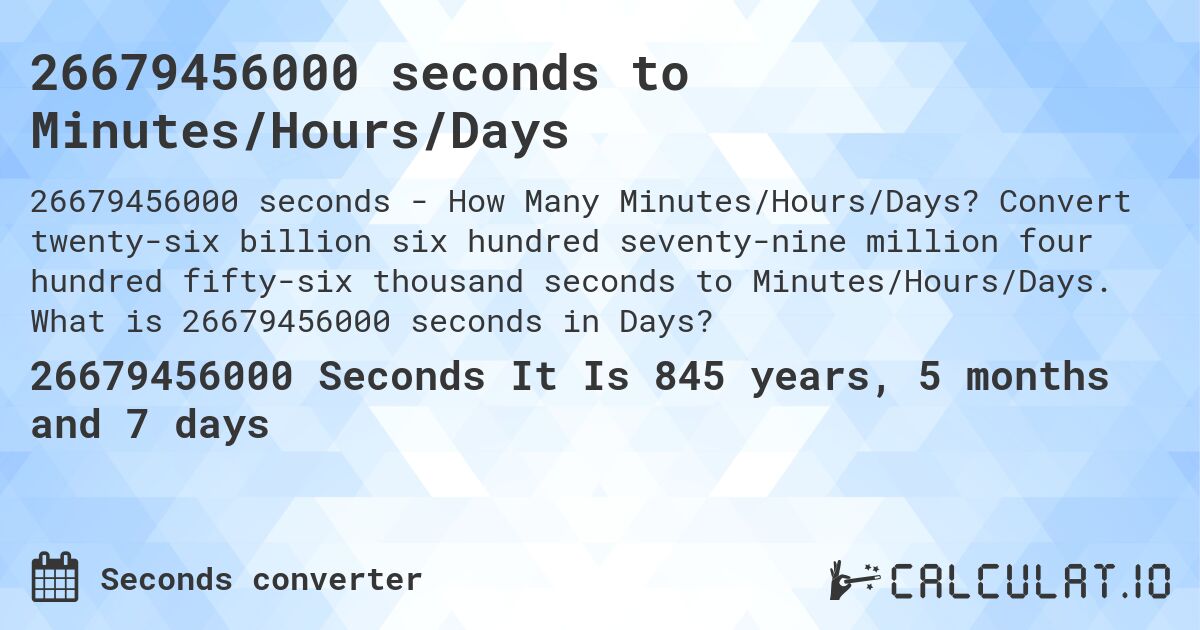 26679456000 seconds to Minutes/Hours/Days. Convert twenty-six billion six hundred seventy-nine million four hundred fifty-six thousand seconds to Minutes/Hours/Days. What is 26679456000 seconds in Days?