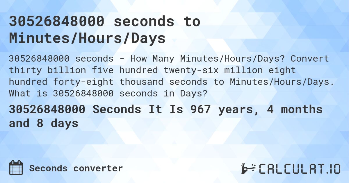 30526848000 seconds to Minutes/Hours/Days. Convert thirty billion five hundred twenty-six million eight hundred forty-eight thousand seconds to Minutes/Hours/Days. What is 30526848000 seconds in Days?