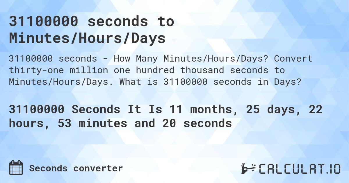 31100000 seconds to Minutes/Hours/Days. Convert thirty-one million one hundred thousand seconds to Minutes/Hours/Days. What is 31100000 seconds in Days?