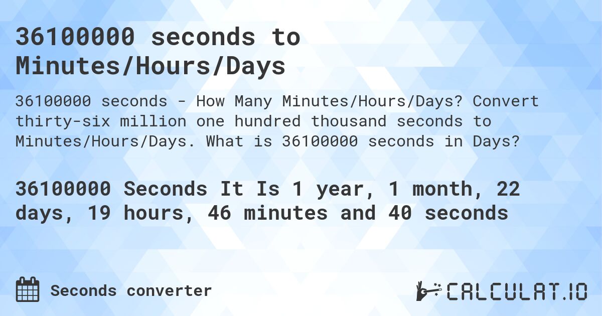 36100000 seconds to Minutes/Hours/Days. Convert thirty-six million one hundred thousand seconds to Minutes/Hours/Days. What is 36100000 seconds in Days?