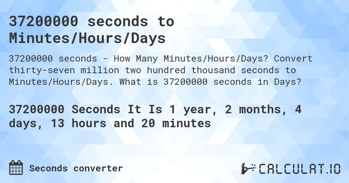 37200000 seconds to Minutes/Hours/Days. Convert thirty-seven million two hundred thousand seconds to Minutes/Hours/Days. What is 37200000 seconds in Days?