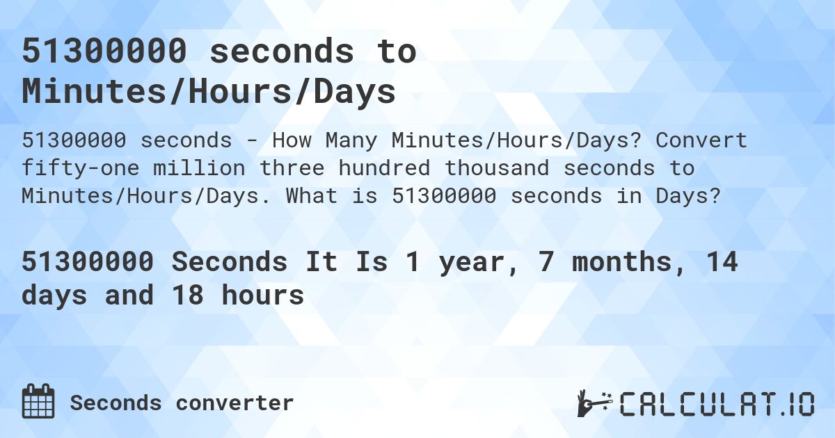 51300000 seconds to Minutes/Hours/Days. Convert fifty-one million three hundred thousand seconds to Minutes/Hours/Days. What is 51300000 seconds in Days?