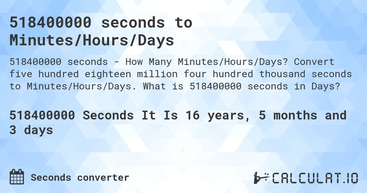518400000 seconds to Minutes/Hours/Days. Convert five hundred eighteen million four hundred thousand seconds to Minutes/Hours/Days. What is 518400000 seconds in Days?