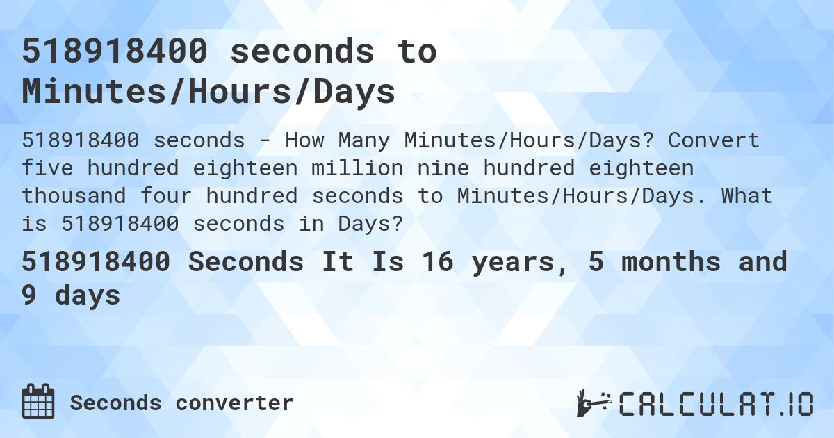 518918400 seconds to Minutes/Hours/Days. Convert five hundred eighteen million nine hundred eighteen thousand four hundred seconds to Minutes/Hours/Days. What is 518918400 seconds in Days?