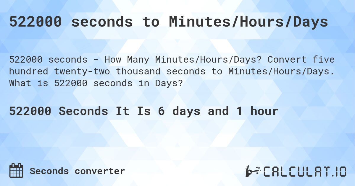 522000 seconds to Minutes/Hours/Days. Convert five hundred twenty-two thousand seconds to Minutes/Hours/Days. What is 522000 seconds in Days?