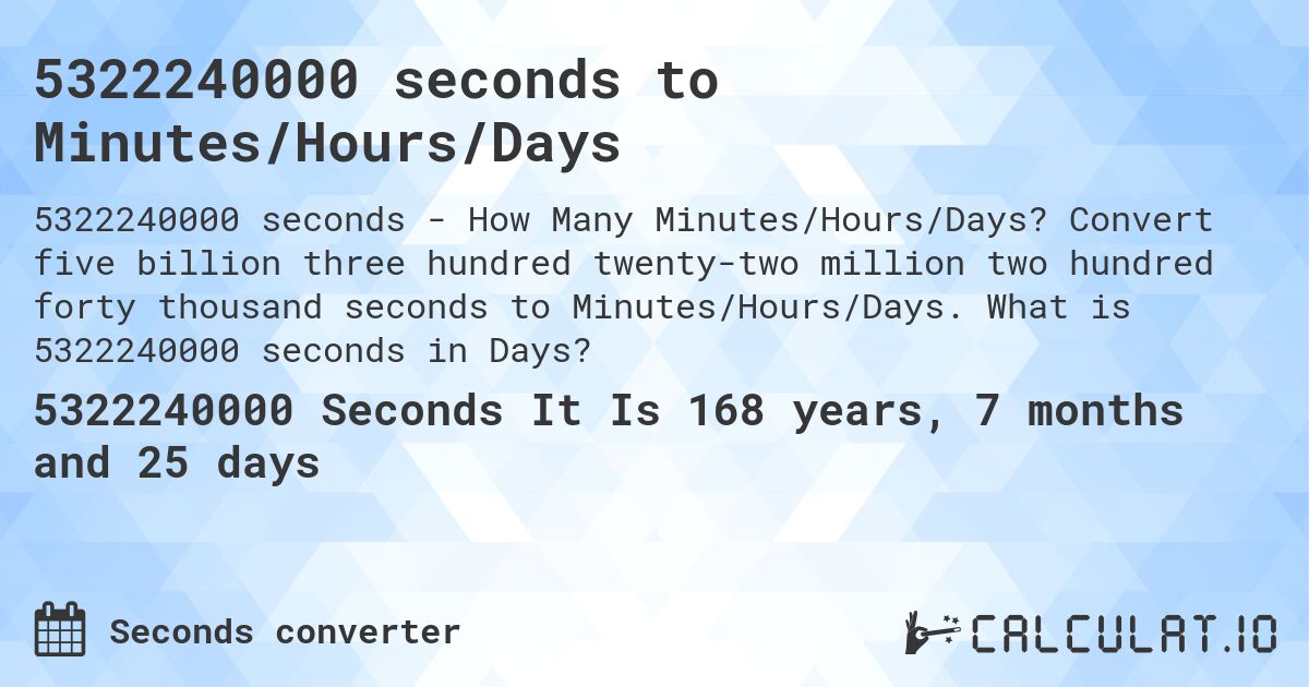 5322240000 seconds to Minutes/Hours/Days. Convert five billion three hundred twenty-two million two hundred forty thousand seconds to Minutes/Hours/Days. What is 5322240000 seconds in Days?