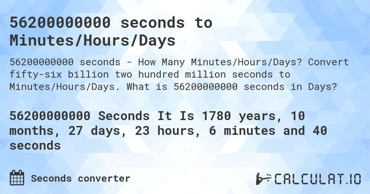 56200000000 seconds to Minutes/Hours/Days. Convert fifty-six billion two hundred million seconds to Minutes/Hours/Days. What is 56200000000 seconds in Days?