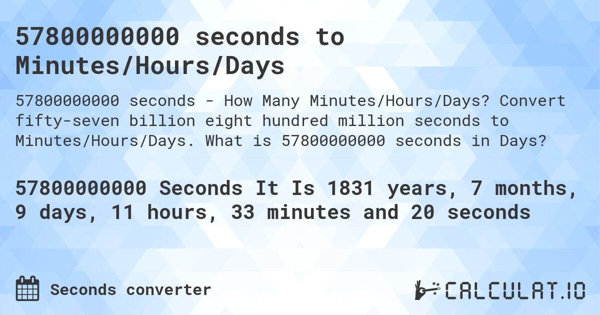 57800000000 seconds to Minutes/Hours/Days. Convert fifty-seven billion eight hundred million seconds to Minutes/Hours/Days. What is 57800000000 seconds in Days?