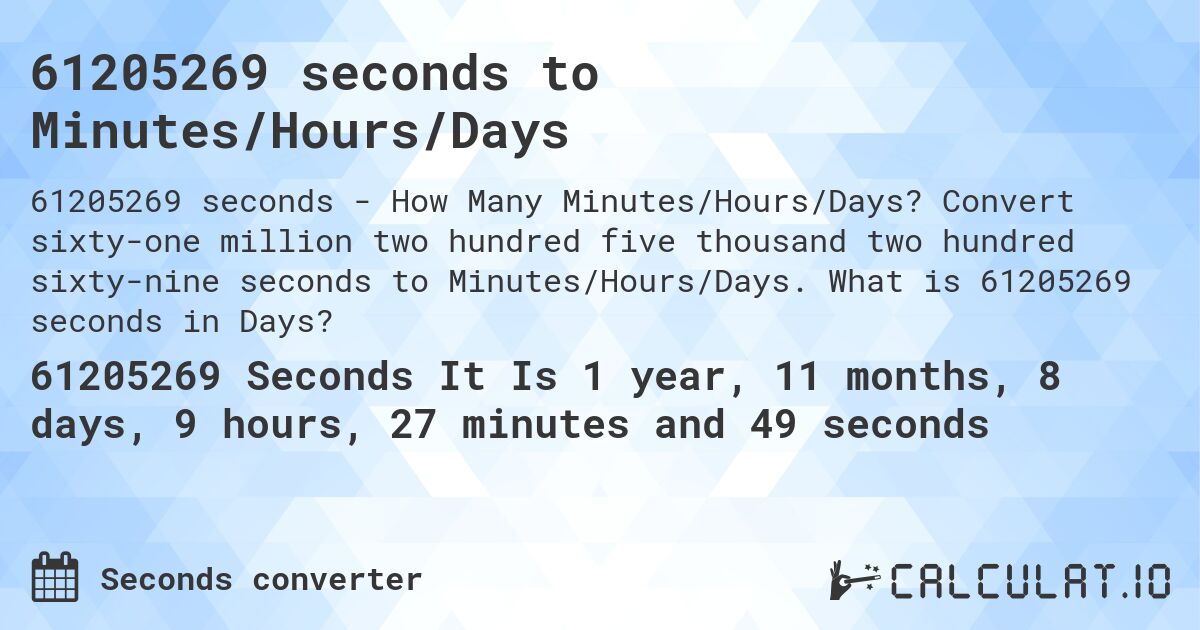 61205269 seconds to Minutes/Hours/Days. Convert sixty-one million two hundred five thousand two hundred sixty-nine seconds to Minutes/Hours/Days. What is 61205269 seconds in Days?