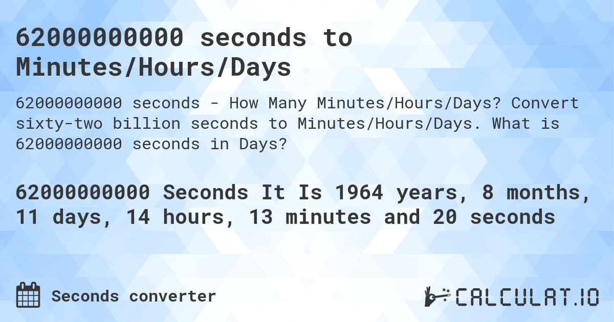 62000000000 seconds to Minutes/Hours/Days. Convert sixty-two billion seconds to Minutes/Hours/Days. What is 62000000000 seconds in Days?