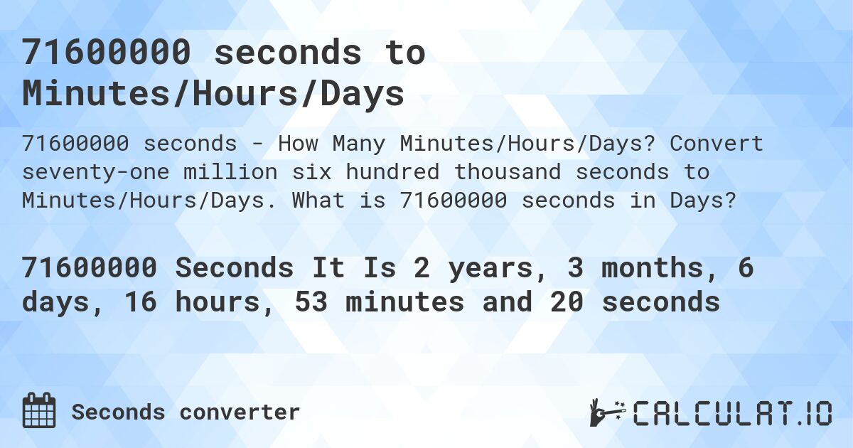 71600000 seconds to Minutes/Hours/Days. Convert seventy-one million six hundred thousand seconds to Minutes/Hours/Days. What is 71600000 seconds in Days?