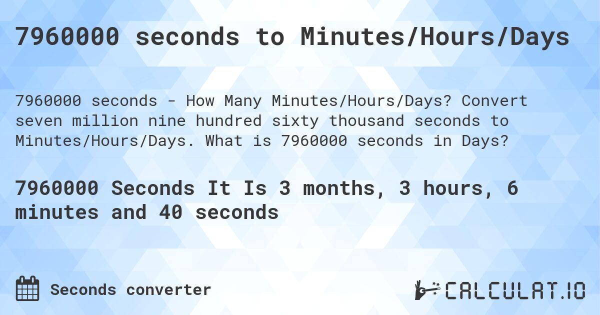 7960000 seconds to Minutes/Hours/Days. Convert seven million nine hundred sixty thousand seconds to Minutes/Hours/Days. What is 7960000 seconds in Days?