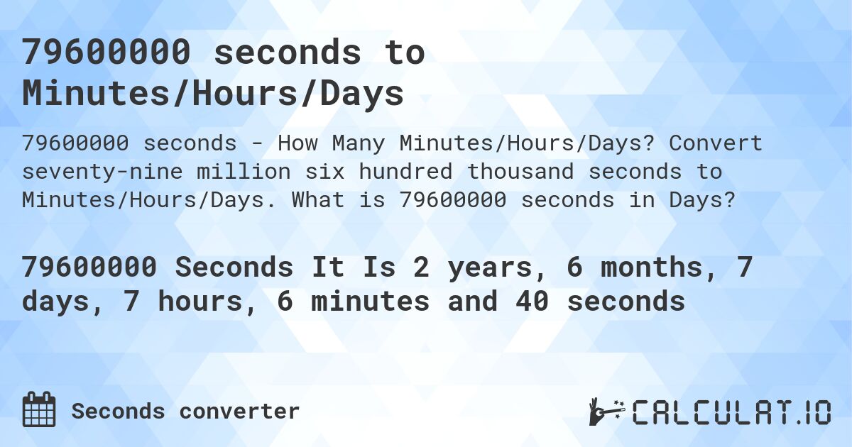79600000 seconds to Minutes/Hours/Days. Convert seventy-nine million six hundred thousand seconds to Minutes/Hours/Days. What is 79600000 seconds in Days?