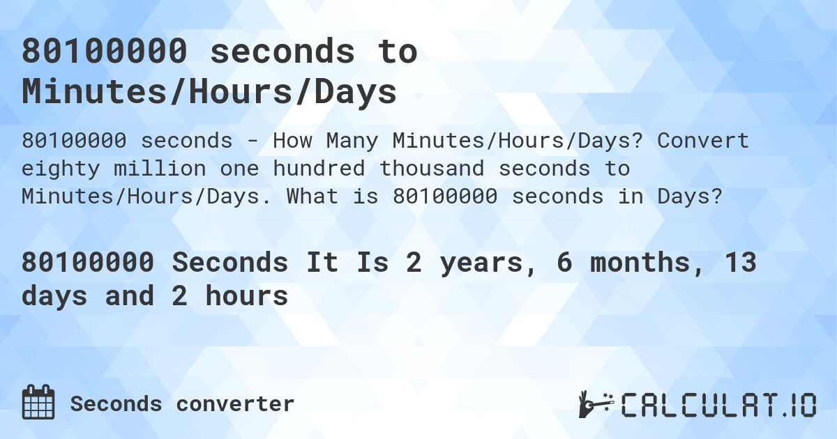 80100000 seconds to Minutes/Hours/Days. Convert eighty million one hundred thousand seconds to Minutes/Hours/Days. What is 80100000 seconds in Days?