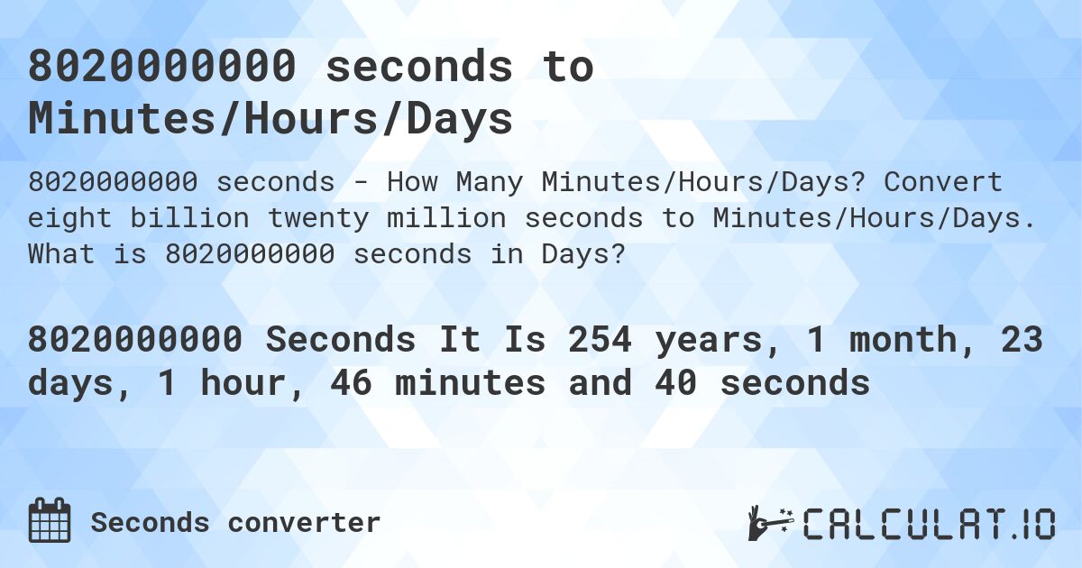 8020000000 seconds to Minutes/Hours/Days. Convert eight billion twenty million seconds to Minutes/Hours/Days. What is 8020000000 seconds in Days?