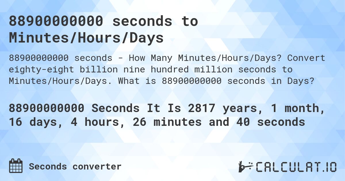 88900000000 seconds to Minutes/Hours/Days. Convert eighty-eight billion nine hundred million seconds to Minutes/Hours/Days. What is 88900000000 seconds in Days?