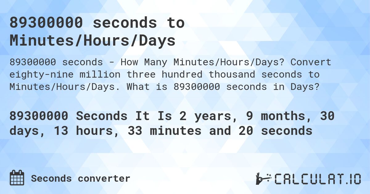 89300000 seconds to Minutes/Hours/Days. Convert eighty-nine million three hundred thousand seconds to Minutes/Hours/Days. What is 89300000 seconds in Days?
