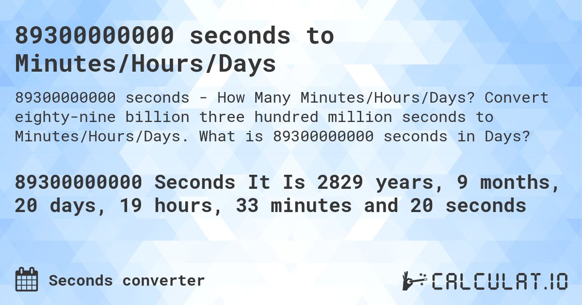 89300000000 seconds to Minutes/Hours/Days. Convert eighty-nine billion three hundred million seconds to Minutes/Hours/Days. What is 89300000000 seconds in Days?