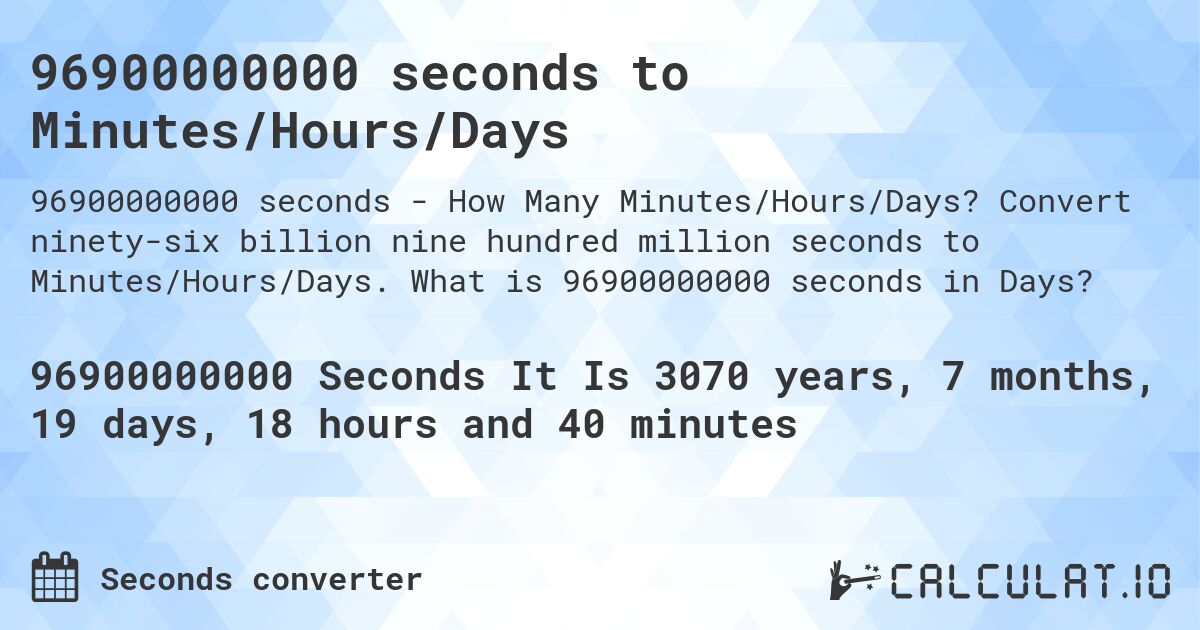 96900000000 seconds to Minutes/Hours/Days. Convert ninety-six billion nine hundred million seconds to Minutes/Hours/Days. What is 96900000000 seconds in Days?