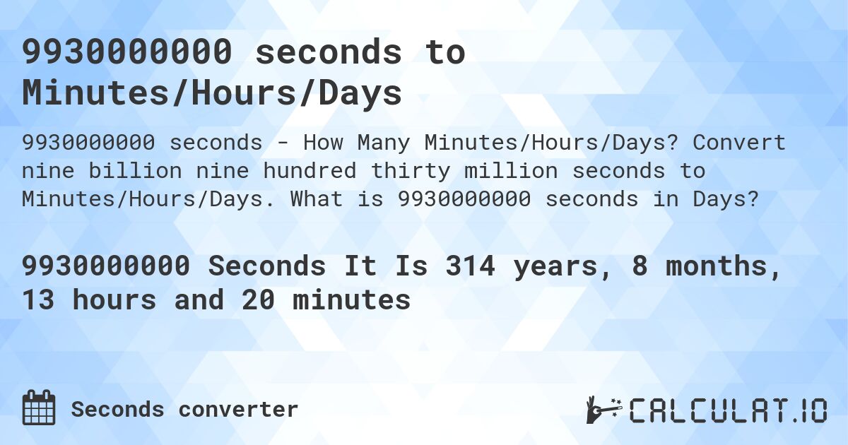 9930000000 seconds to Minutes/Hours/Days. Convert nine billion nine hundred thirty million seconds to Minutes/Hours/Days. What is 9930000000 seconds in Days?