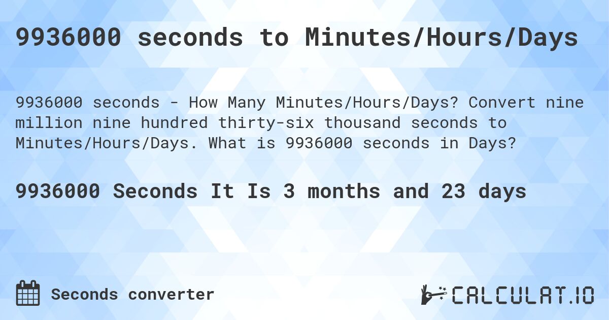9936000 seconds to Minutes/Hours/Days. Convert nine million nine hundred thirty-six thousand seconds to Minutes/Hours/Days. What is 9936000 seconds in Days?