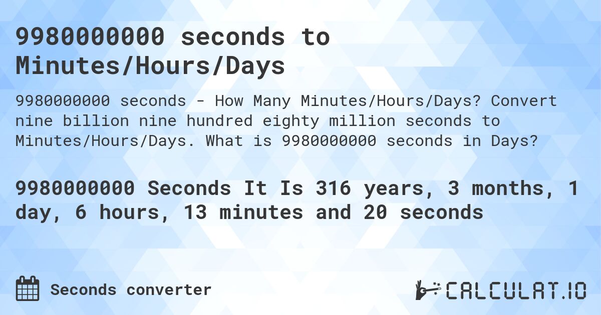 9980000000 seconds to Minutes/Hours/Days. Convert nine billion nine hundred eighty million seconds to Minutes/Hours/Days. What is 9980000000 seconds in Days?