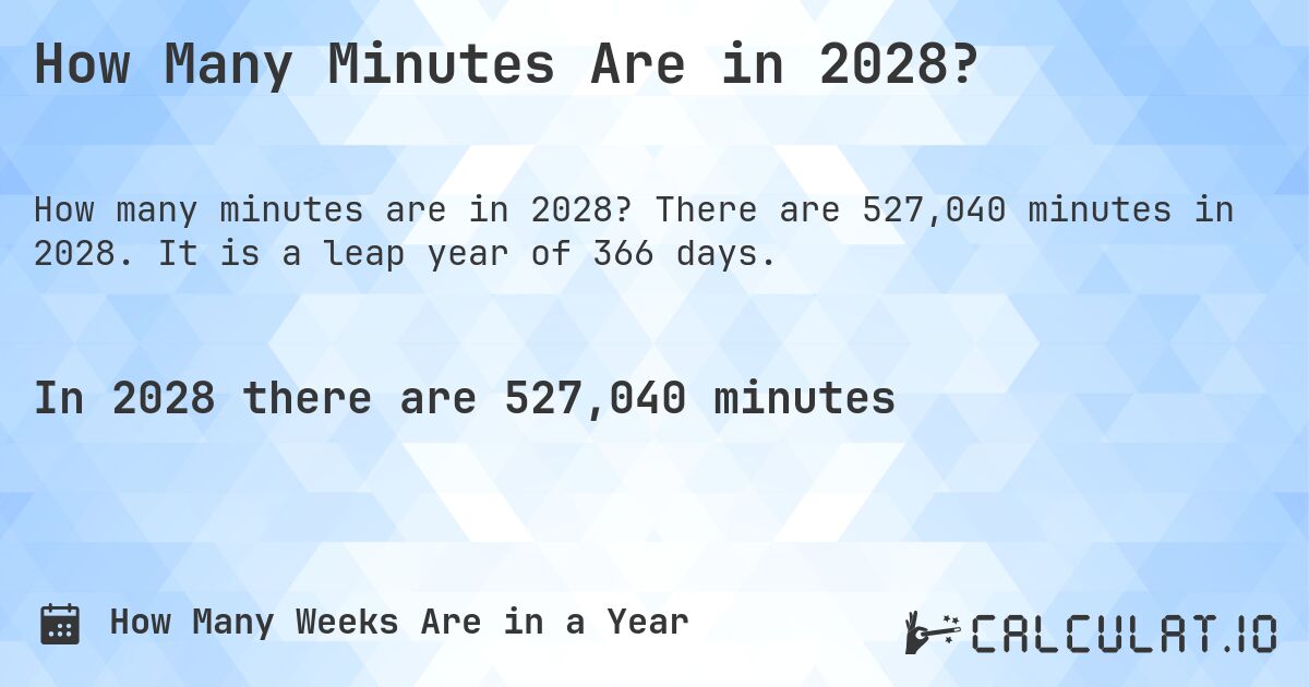 How Many Minutes Are in 2028?. There are 527,040 minutes in 2028. It is a leap year of 366 days.
