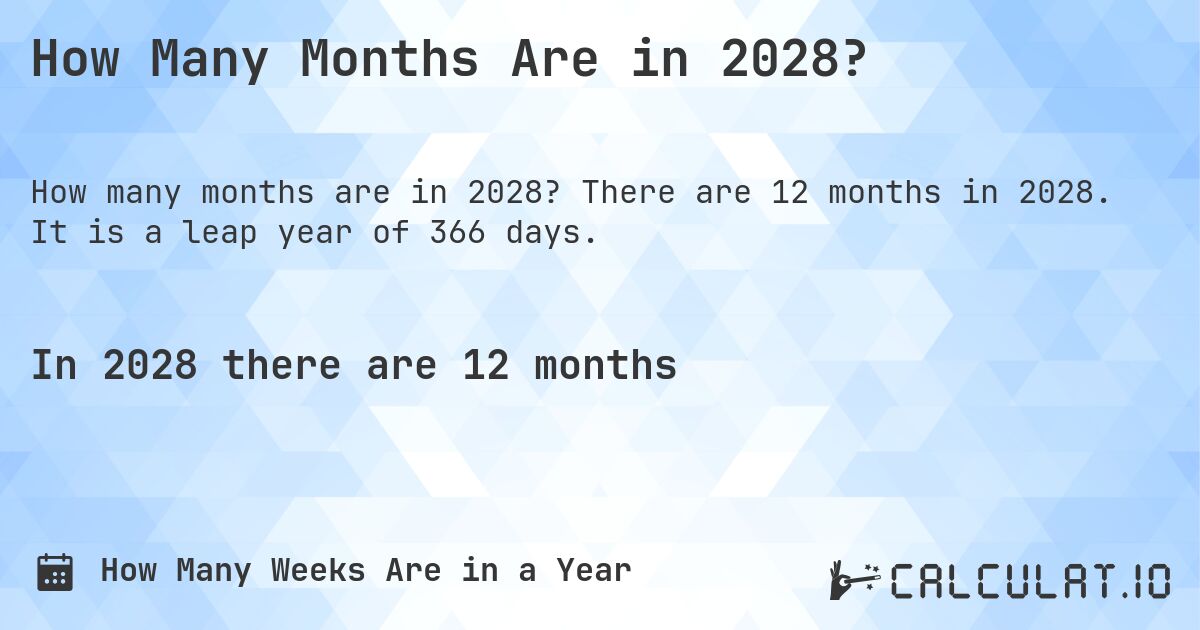 How Many Months Are in 2028?. There are 12 months in 2028. It is a leap year of 366 days.