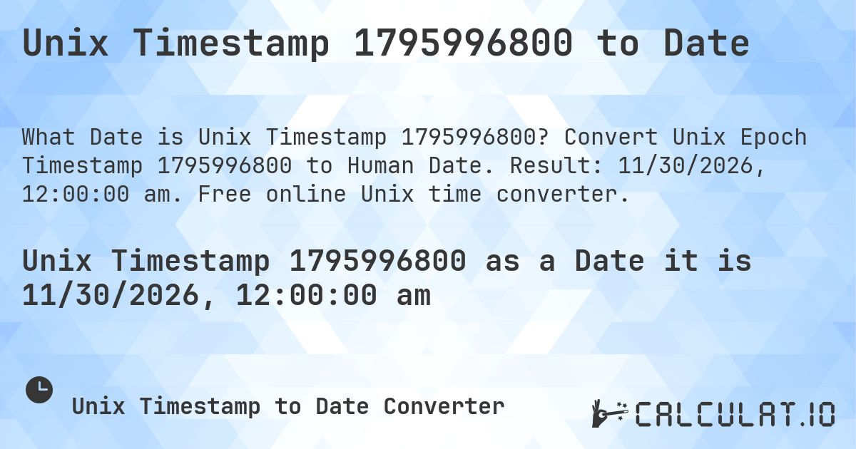 Unix Timestamp 1795996800 to Date. Convert Unix Epoch Timestamp 1795996800 to Human Date. Result: 11/30/2026, 12:00:00 am. Free online Unix time converter.