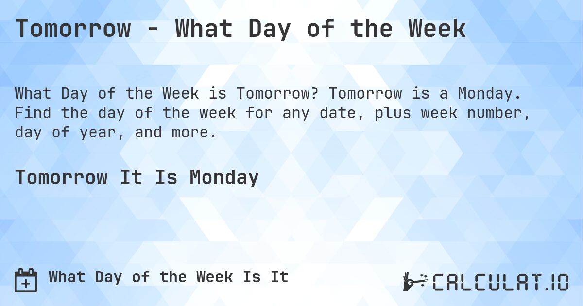 April 6, 2026 - What Day of the Week. April 6, 2026 is a Monday. Find the day of the week for any date, plus week number, day of year, and more.