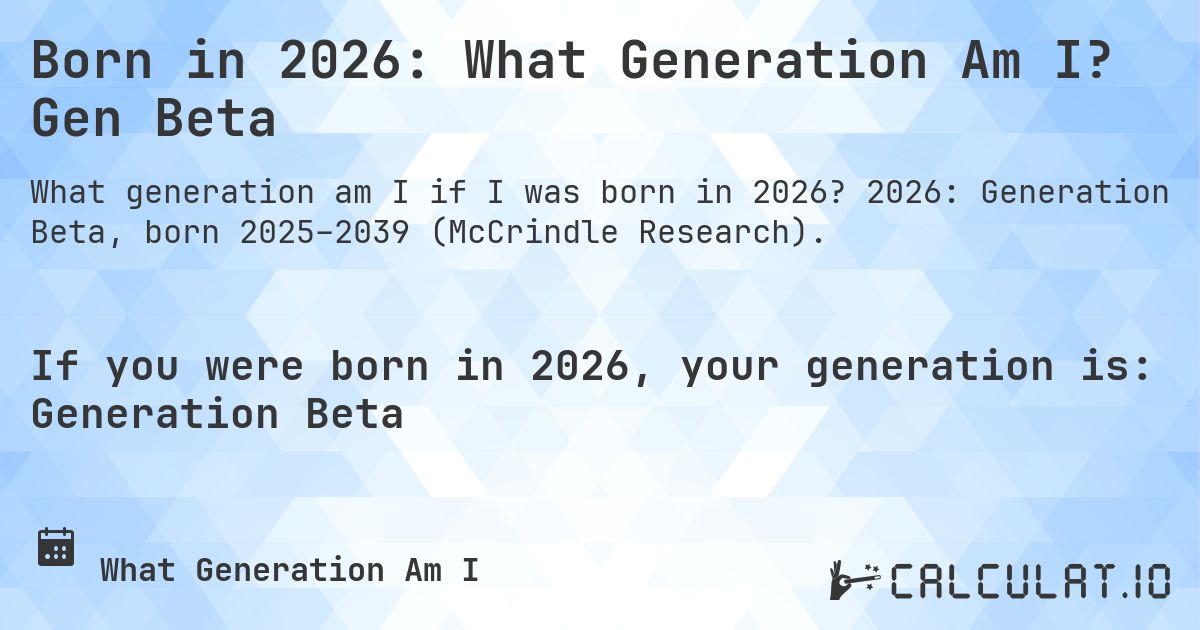 Born in 2026: What Generation Am I? Gen Beta. 2026: Generation Beta, born 2025–2039 (McCrindle Research).