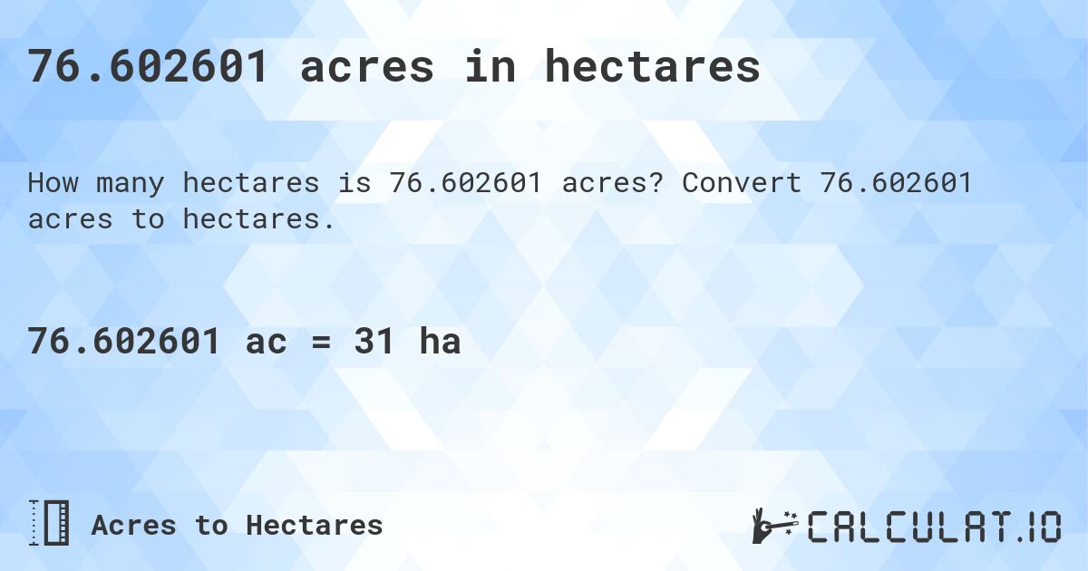 76.602601 acres in hectares. Convert 76.602601 acres to hectares.