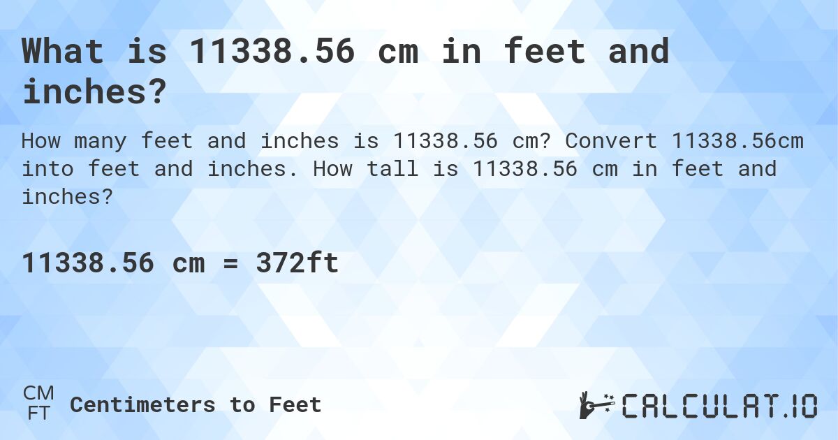 What is 11338.56 cm in feet and inches?. Convert 11338.56cm into feet and inches. How tall is 11338.56 cm in feet and inches?