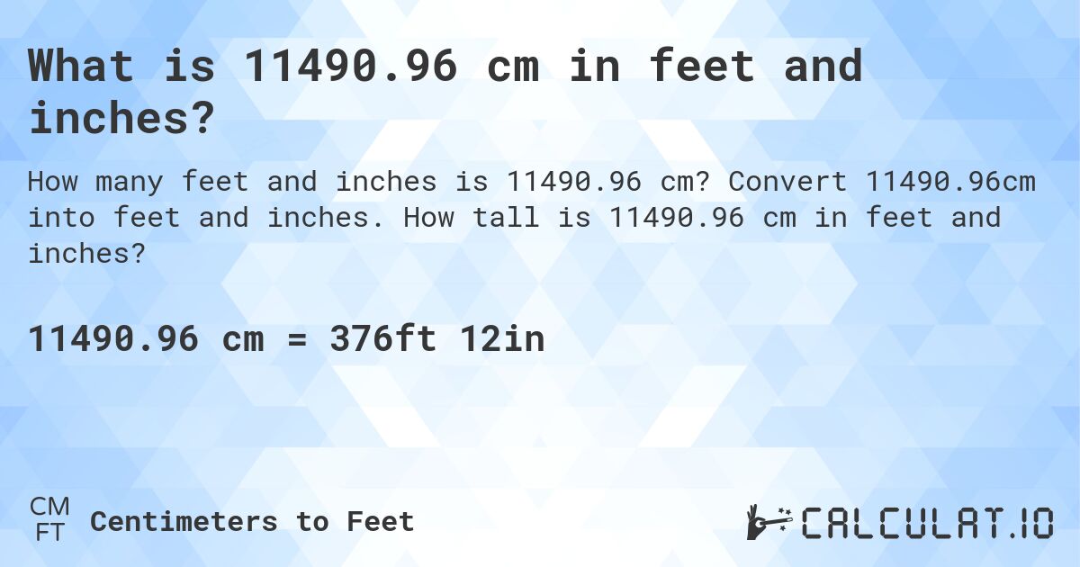 What is 11490.96 cm in feet and inches?. Convert 11490.96cm into feet and inches. How tall is 11490.96 cm in feet and inches?