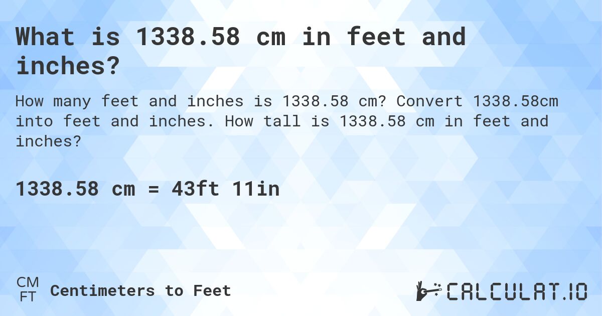 What is 1338.58 cm in feet and inches?. Convert 1338.58cm into feet and inches. How tall is 1338.58 cm in feet and inches?
