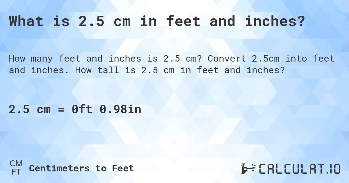 What is 2.5 cm in feet and inches?. Convert 2.5cm into feet and inches. How tall is 2.5 cm in feet and inches?
